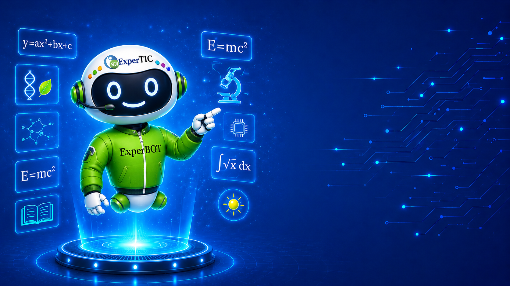ExperBOT, la mascota de ExperTIC, señalando el contenido