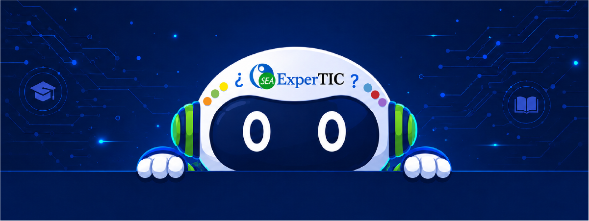 ExperBOT asomándose con el logo de ExperTIC